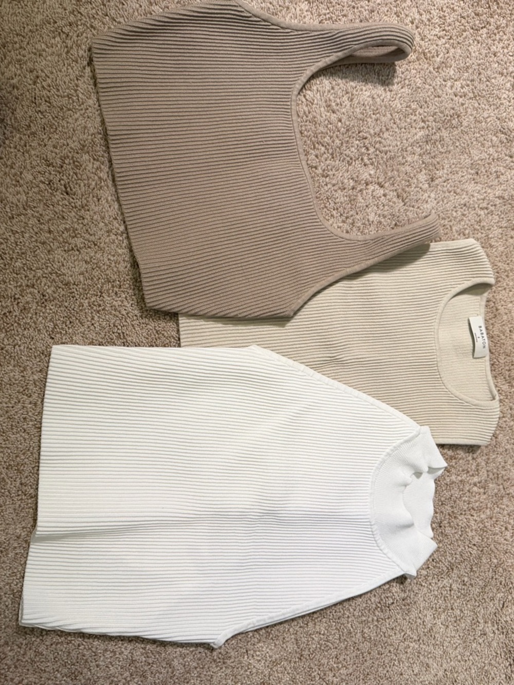 Aritzia Ribbed Crop Tank Trio in Cream, Taupe, and White